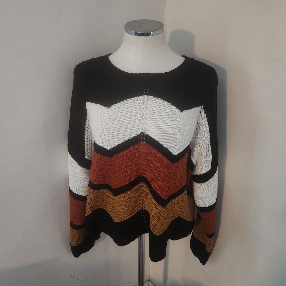 Full Circle Trends Womens‎ 2X Chevron Colorblock Knit Sweater Black Rust